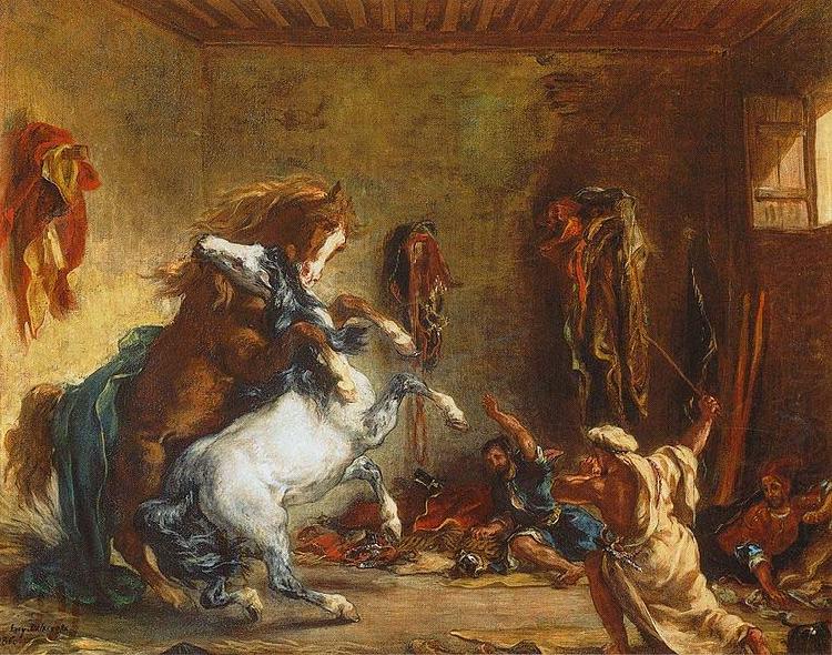 Arab Horses Fighting in a Stable, Eugene Delacroix